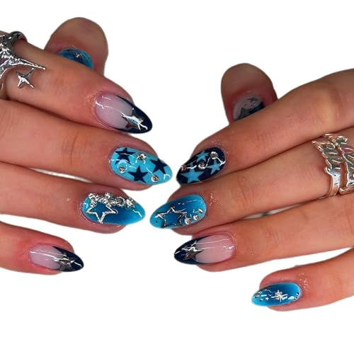 Image of Star Press on Nails Medium Almond Fake Nails Blue Black Ombre French Tip Nail Press ons with Design NBNTGH Stick on Nail for Women Manicure 24Pcs