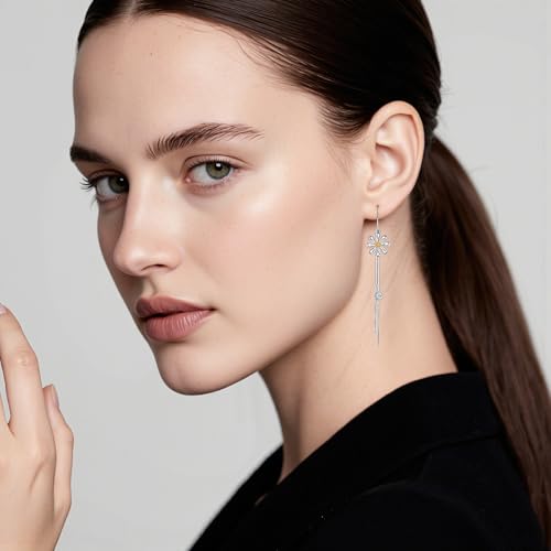 Daisy Earrings Sterling Silver Two Tone Flower Threader Tassel Dangles Jewelry Gifts for Women3