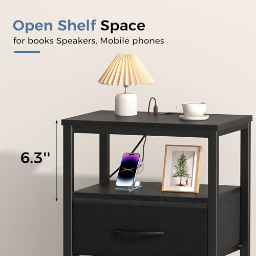 OLIXIS Nightstands Set of 2 with Charging Station, Bedside Tables with USB Ports and Fabric Drawer, Small Night Stand with Open Adjustable Shelf, Compact End Table for Bedroom, Black by OLIXIS - Image 9