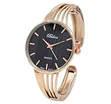 Blekon Collections - Orologio da donna al quarzo, cassa 34 mm, elegante bracciale rigido, nero/oro rosa.