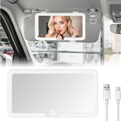 Espejo Parasol Coche, Universal Portátil Espejo Maquillaje con 3 modos Luz Coche, LED recargable retrovisor interior coche Fácil de instalar, Blanco