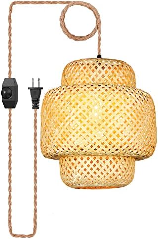 Qwoo Bamboo Pendant Light,13.8ft Rattan Lamp Shade,Hand-Woven Wicker Light Fixture Ceiling Hanging,Boho Woven Bamboo Chandelier with Dimmable Switch Plug in for Dining Room Kitchen Island Bedroom