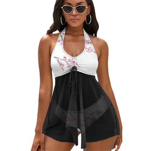 Cmagnifico Traje de baño, traje de baño con estampado de vaca, conjunto de tankini halter de 2 piezas, Flores de cerezo, M