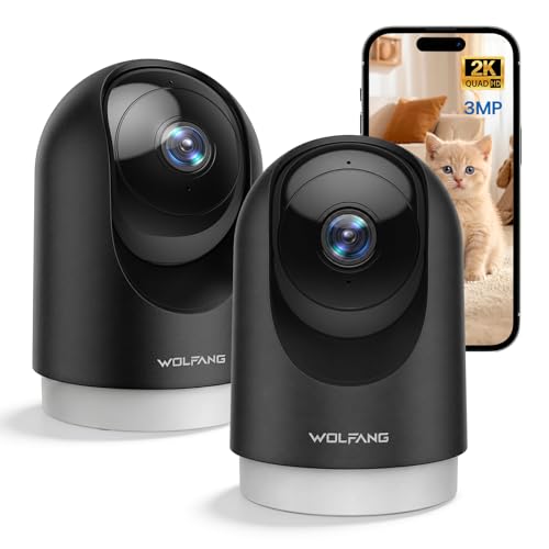 WOLFANG Telecamera Wi-Fi Interno 2K, Telecamera per Cani con Rilevamento Movimento e Visione Notturna, Baby Monitor con Audio Bidirezionale, Compatibile con Alexa/Google, Senza Canone Mensile, 2 Pezzi