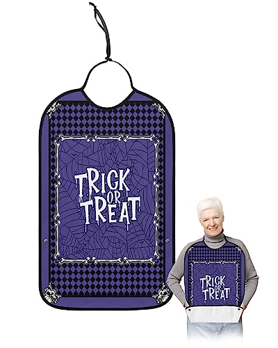 Halloween Adult Bibs for Eating, Waterproof Bibs with Food Catcher & Adjustable Snap Closure, Skeleton Trick or Treat Black Purple Plaid Washable Clothing Protectors Adult Bibs for Elderly Women/Men