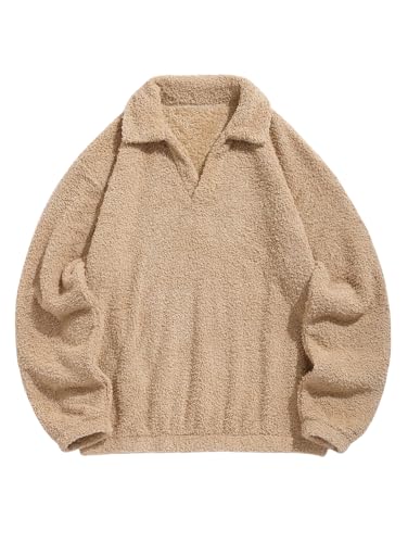 ZAFUL Men's Fluffy Fuzzy Teddy Sweatshirt Solid Color V Neck Casual Stand Collar Pullover Sweatshirts (10-Light Coffee, XL)