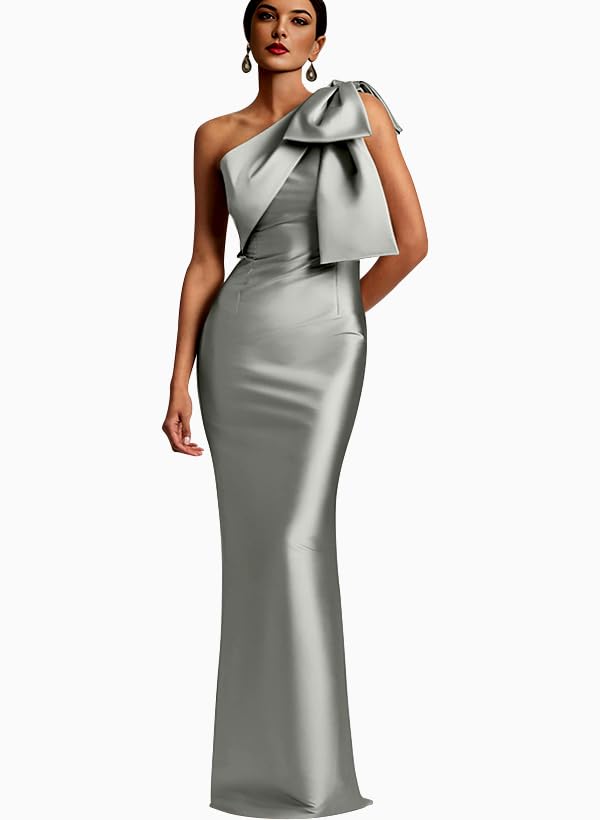 Image of IIF One Shoulder Bow Prom Dress for Women Mermaid Satin Formal Dresses Long Bodycon Evening Cocktail Gowns IIF043