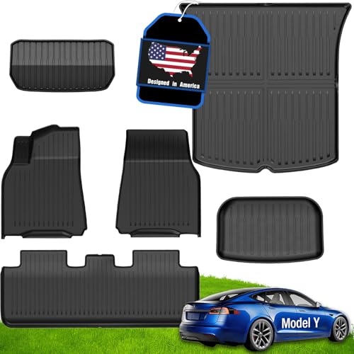 Tesla Model Y Floor Mats 2020-2025 (Not for Juniper), Set of 6 Mats All-Weather TPE Floor Liner Custom fit, 1st & 2nd Row Car Interior Accessories Front Rear Cargo Liner 5 Seater, Black