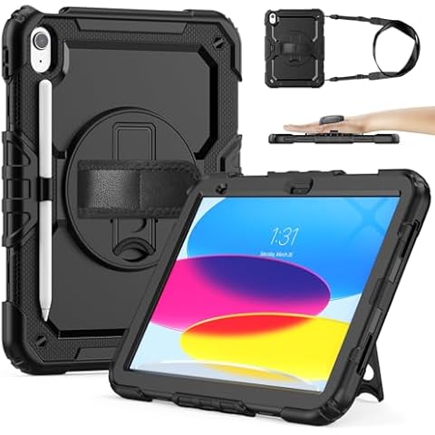 Sibeitu iPad 10th Generation Heavy Duty Case for Work 10.9 Inch 2022 with Screen Protector & Pencil Holder, Military Grade Defender Protection, Rugged Shockproof Cover with Stand & Strap, Black Cover