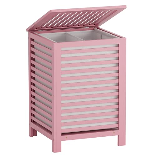 SMIBUY Double Laundry Hamper with Lid, 120L Bamboo Laundry Basket with Removable Liner Bag, 2-Section Clothes Divider Laundry Sorter for Laundry Room, Bathroom, Bedroom (Pink)