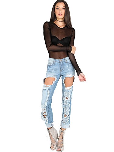 Floerns Women's Long Sleeve Slim Fit See Through Sheer Mesh Top Black S