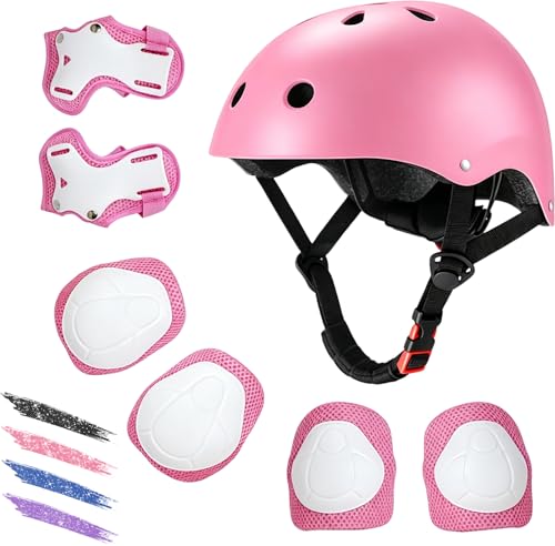 Kids Bike Helmet for Ages 2-14, Adjustable Safety Toddler Helmet with Protective Gear Set, Skateboard Scooter Helmets with Knee Elbow Pads Wrist Guards (Pink, Small (for Ages 2-8))