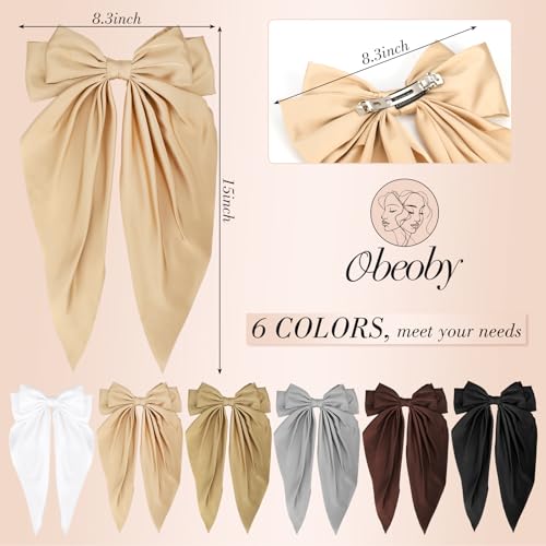 6 Pcs Long Big Satin Hair Bows Bulk for Women & Girls