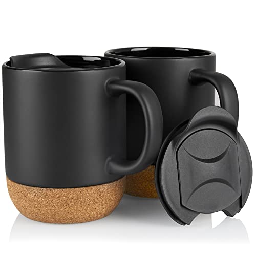 Ceramic Coffee Mugs with Lid, ALELION 13 oz Coffee Mug Set with Cork Bottom and Spill-resistant Lid, Christmas Coffee Mugs Gift Set for Women Men, Comfortable Handle for Home and Office, Black,2Pcs