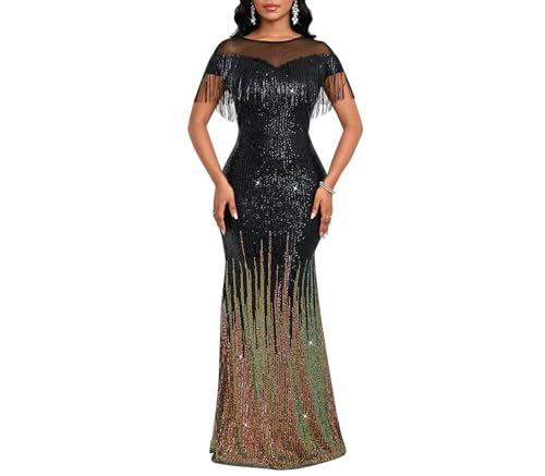 Image of Cololura Sexy Sequin Tassel Mesh Perspective Party Cocktail Bodycon Evening Club Maxi Dress