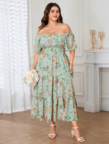 Image of SCOMCHIC Womens Plus Size Maxi Dress Formal Short Sleeve Square Neck Smocked Side Split Flowy A Line Tiered Long Dress