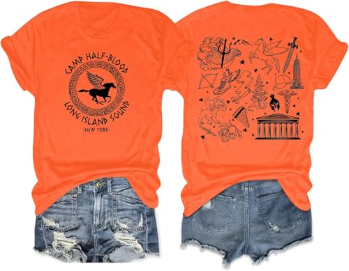 Camp Half Blood Womens T-Shirt Greek Mythology Graphic Tee Vintage Percy Book Lover Gift Casual Shirt Top Orange