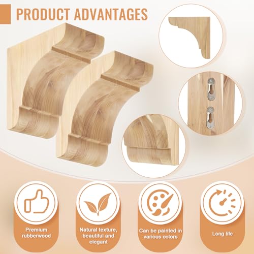 Image of Vercraft 2 Pcs Wood Corbels Wooden Shelf Brackets, Unfinished Paintable Bracket with Hanging Hook for Doorway Countertop Kitchen Cabinet Book Shelves, Rubber Wood (5 1 /2 x 5 1 /2 x 3.5 Inches)