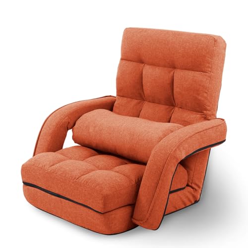 Adjustable Floor Chair for Adults with Back Suppor,5-Position Folding Lazy Sofa with Pillow, Gaming & Meditation Chair with Breathable Fabric - for Living Room, Bedroom, Office,Balcony (Orange)