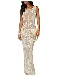 SHENHE Women's Sheer Swim Coverups Crochet Floral Maxi Dress Hollow Out Beach Cover Up Sundress Apricot Small