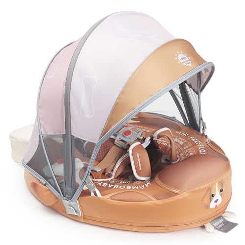Image of Mambobaby Float Upgrade Add Tail Baby Float with Canopy for Infant Waist Swimming Ring Swim Trainer Non-Inflatable Floats Toys with Adjustable Safety Strap (Brown - Cute Puppy)