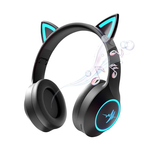 猫耳ヘッドホン Bluetooth5.3 ワイヤレスヘッドフォン ピカピカ 猫耳ヘッドセット ゲーミング ヘッドフォン マイク内蔵 LEDライト TFカード対応 遮音 密閉型 可愛い 折りたたみ 携帯便利 オーバーイヤーヘッドホン 3.5mmケーベル サイズ調節可能 有線無線兼用 大容量バッテリー 子供 大人用 (ブラック)