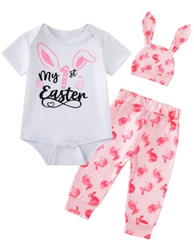 PROMOTED TO BIG SISTER Baby Girl My First Easter Outfit Bunny Pant Sets (Pink-one, 0-3 Months)