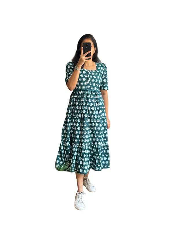 Women Fit and Flare Teal Calf Length Dress Half Sleeves Printed Gown | Gown_E1_8-image-19