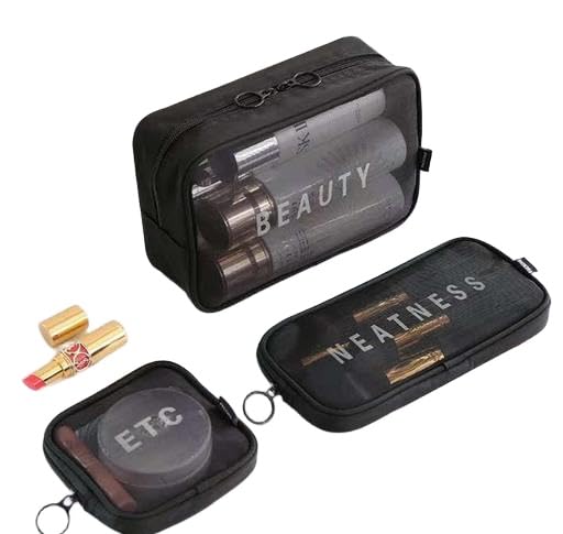 (ONLY POUCHES) Travel Nylon Mesh Makeup Bags Set 3 Pieces See Through Zipper Pouch Travel Cosmetic And Toiletry Kit Organizer Bag 3 Pack Of S M L 3-in-1-mkup-nvyblu-09-14 SB-P9282