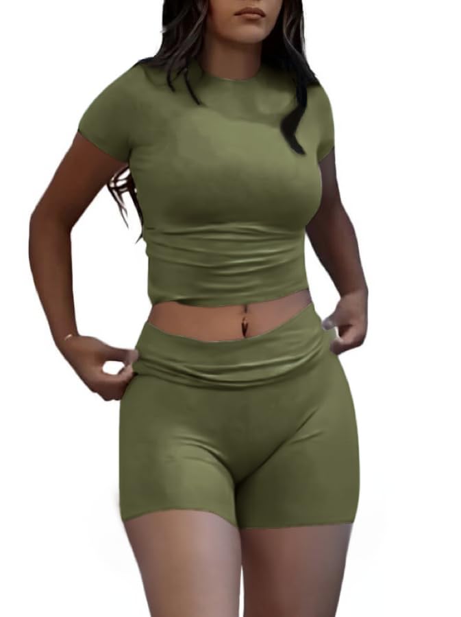 Image of AYWA Women's Two Piece Sets Summer Slim Fitted Short Sleeve Tops Foldover Shorts Matching Lounge Sets
