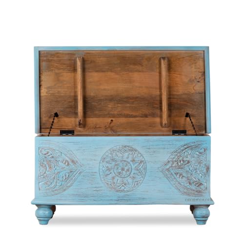 Image of Devin Wooden Trunk Box for Storage | Solid Wood Coffee Table for Living Room | Center Coffee Table with Storage | Front Wooden Carved Sandook Pitara for Home Decor (Light Blue Distress)