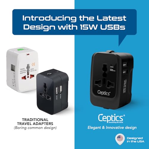 Ceptics Universal Charger Adapter, Travel Adapter International All in One, 2X 2.A USB-A with 15W Total Output, Use in 150 Countries, Type A, C, G, I Output with Universal Input - Black