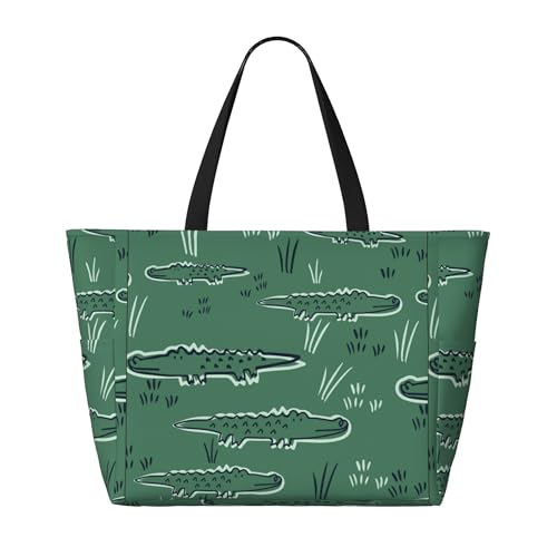 Cute Alligator Crocodile Large Beach Tote Bags for Womens Mens Sandproof Swim Pool Bag with Zipper for Travel Vacation2