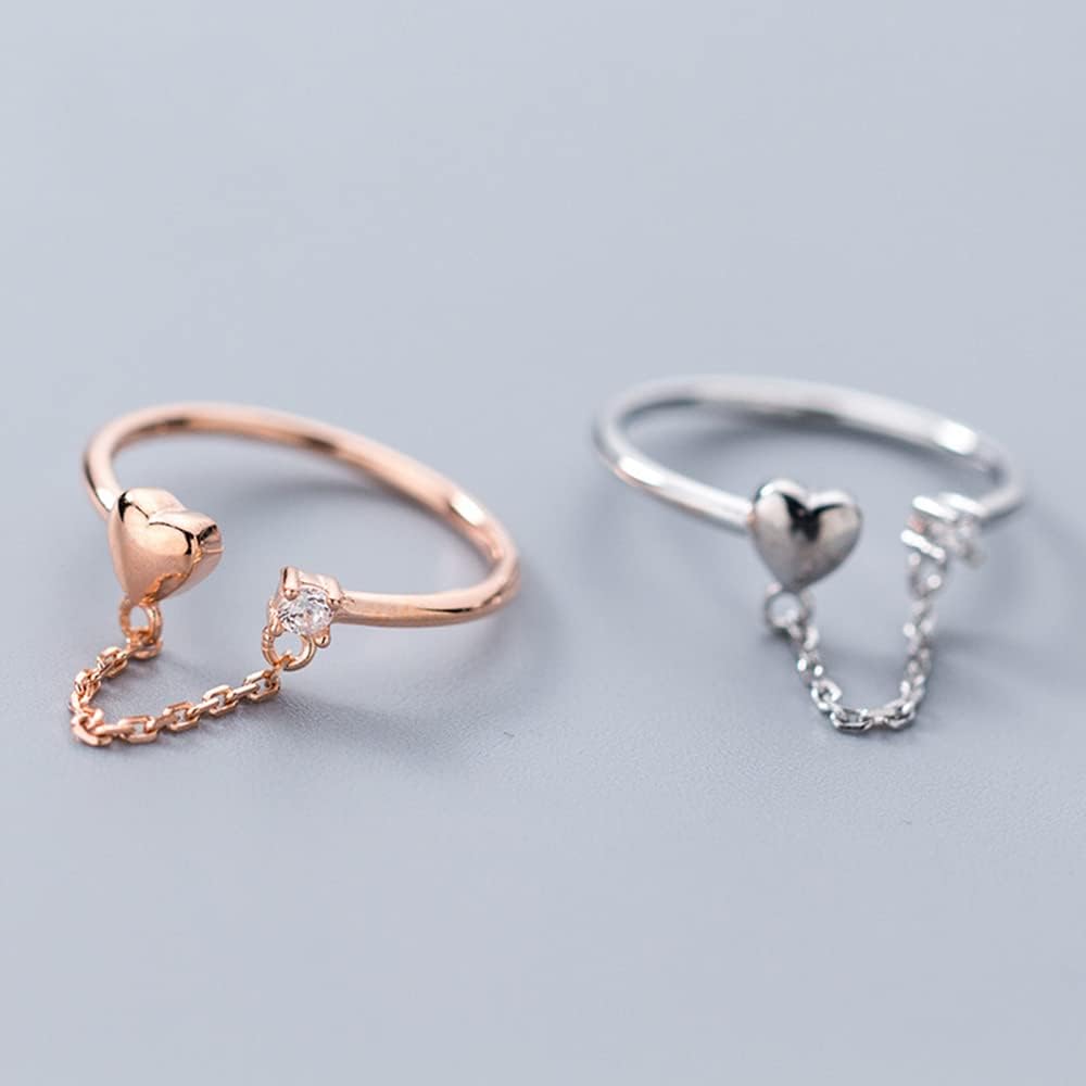 Tiny Love Heart with Chain Adjustable Open Ring for Women 925 Sterling Silver Expandable Small Finger Knuckle Pinky Ring Promise Eternity Stacking Ring for Her Birthday Wedding Gifts - Image 4