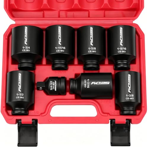 SAE Deep Impact Socket Set 8-Piece 1/2-inch Drive Wheel Axle Nut Wrench Large Sockets Standard Adapter 1-11/16 1-9/16 1-3/8 1-7/16 1-1/2 1-5/8 1-3/4 Imperial Spindle Joint Torque Bearing Locknut Truck