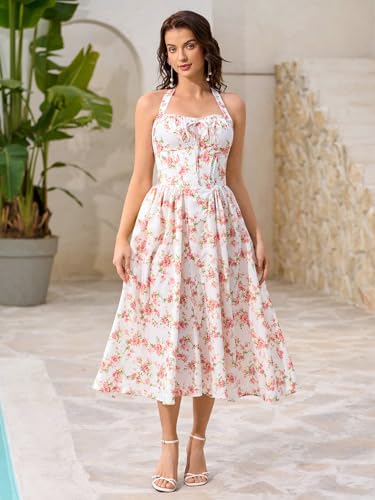 Image of KUTUMAI Summer Floral Corset Midi Dress Halter Smocked Sundress Flowy A Line Beach Wedding Guest Dresses for Women 2025