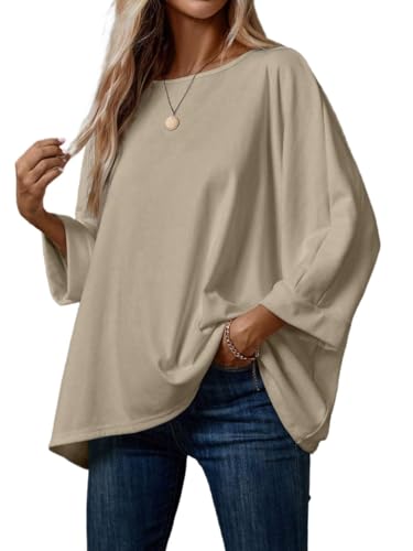 Womens Long Sleeve Knitted Oversized Blouse Top Solid Color Round Neck Batwing Sleeve Loose Casual T-Shirt Fall
