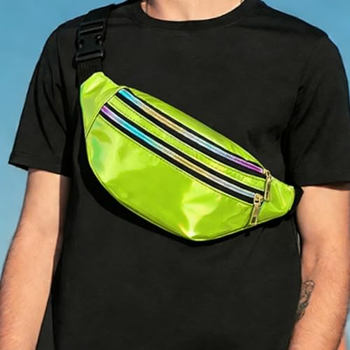 SSKHE Bunte, glänzende Hüfttasche für Party, Karneval, Sport, den täglichen Gebrauch, metallische Bauchtasche mit verstellbarem Riemen, wasserdicht, stilvolle Laser-Gürteltasche, 3 Fächer, grün