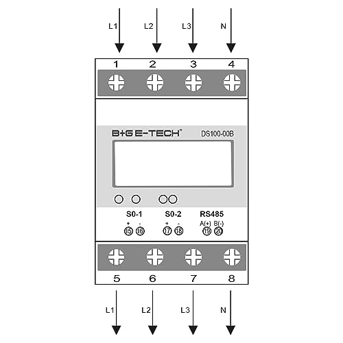 Drehstromzähler [DS100-00B - MID 25] digitaler 3 Phasen zweirichtungs Stromzähler für Hutschiene (4TE) mit LCD, RS485 Modbus RTU und 2x S0 Impuls, MID geeicht, 100A direkt, Einspeisezähler/Wattmeter