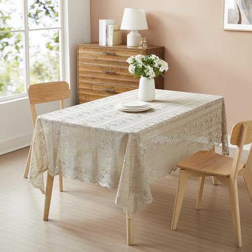 LinenZone 60 x 104 Inch Large Oblong Lace Tablecloth for 8 to 10 People. Vintage Floral Embroidered Gold Tablecloth with Scalloped Edge for Wedding, Parties, Holiday Dinner. (Riba 60 x 104, Linen)