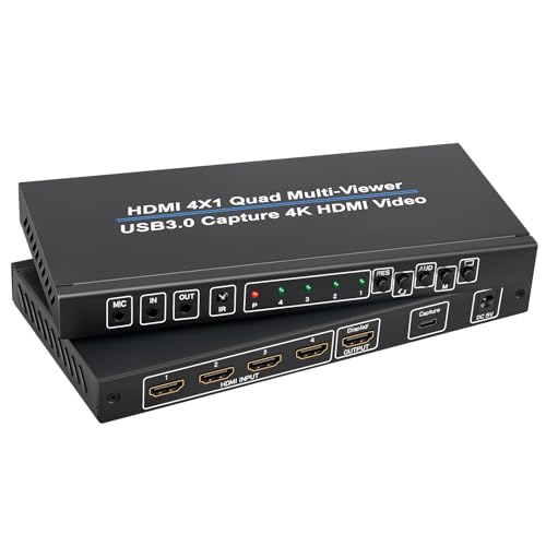 Image of ACHAVE HDMI 4x1 Quad Multi-Viewer with USB 3.0 Capture, 4K Video Converter, 10 Display Modes, Live Streaming Compatible, Black Metallic