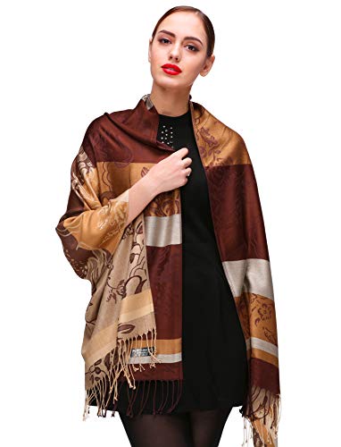 Shmily Girl Chales Floral Pashmina Pashmina estilo Bufanda Chal Wrap (One Size, Café-c082)