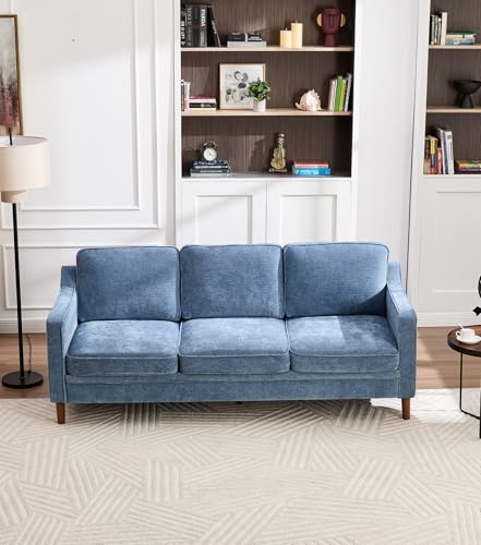 Kingfun 80" Chenille Sofa, 3 Seater Couch, Mid Century Modern Couches with Solid Wood Legs for Living Room & Bedroom, Light Blue - Image 6