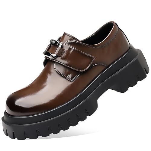 Men's Leather Platform Block Heel Oxfords with Adjustable Hook and Loop Classic Round Toe Comfort Non-Slip Business Dress Shoes Heightening Soft Bottom Casual Derby Shoes
