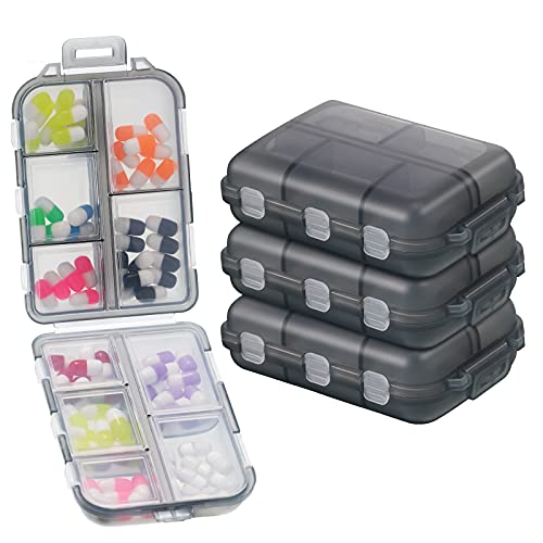 4 Pieces Travel Pill Organizer Portable Pill Cases Weekly Pill Supplement Box Mini Pill Holder Pill Container Multifunction Storage Box with 10 Compartments for Pills, Vitamin, Fish Oil, Black