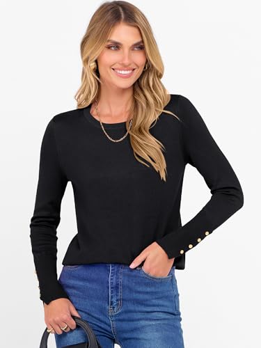 ANRABESS Sweaters for Women Long Sleeve Crewneck Fitted Business Casual Pullover Tops 2025 Fall Outfits with Button Cuff4