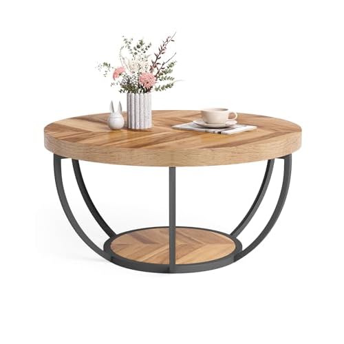 LITTLE TREE Round Coffee Table, 32″ Circle Coffee Table for Living Room, 2-Tier Wood Accent Center Table with Open Storage Industrial Design Home Furniture (Wood Grain and Black)