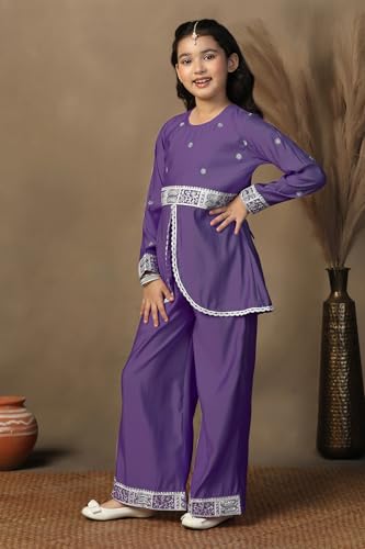 Image of Fashion Dream Girls Chanderi Silk Embroidered Top & Palazzo Set|Kids Salwar Suit|Ethnic Wear