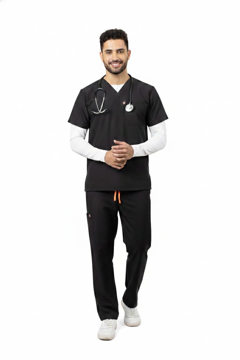 Men's Scrub Suit for Doctors | Comfortable Breathable and Perfect Fit | 6 Pockets Medical Scrub Suit | Uniform for Doctors Nurses Dentists & Healthcare Professionals | Black - M