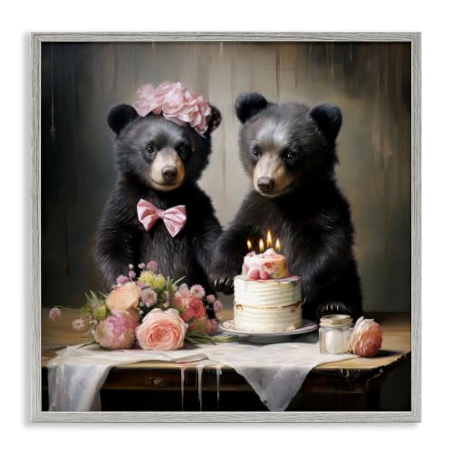 Birthday Cake Bears Floral, 24 x 24 Inch Framed Giclée Print